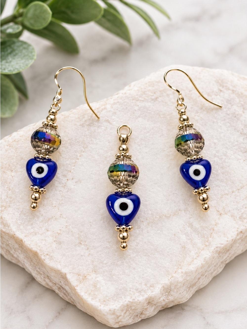 Evil Eye Glass Heart Dangle Earrings & Matching Pendant Charm